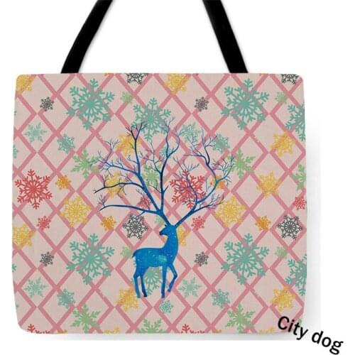 Bags Christmas elk Custom Linen waterproof Bag Text Print Your Design Groceries Daily Use Reusable Travel Casual Shopping Bag