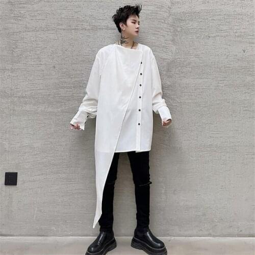 Men Spring Summer Asymmetric Design White Long Shirt Fashion Satin Shirts Casual Street Blusas Camisa Masculina