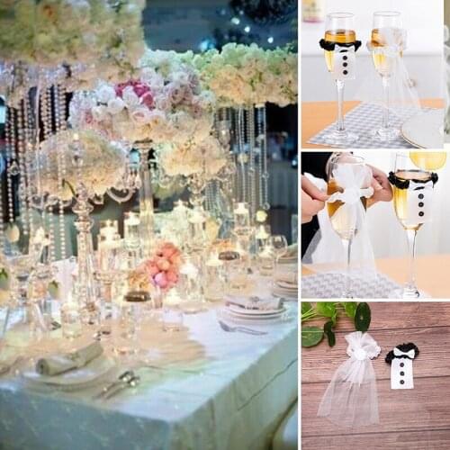 2PC Bride Groom Costume Glass Cup DIY Set Wedding Wine Glass Cover Bridal Party Event Table Decoration