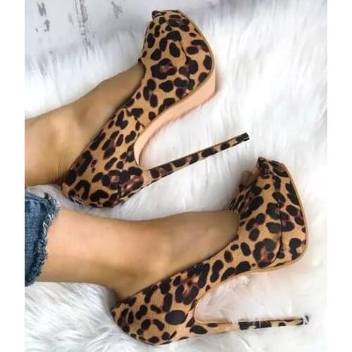 Sexy Leopard Peep toe Platform High Heel Female Ultra High Thin Heels Slip on Pumps Evening Prom Shoes