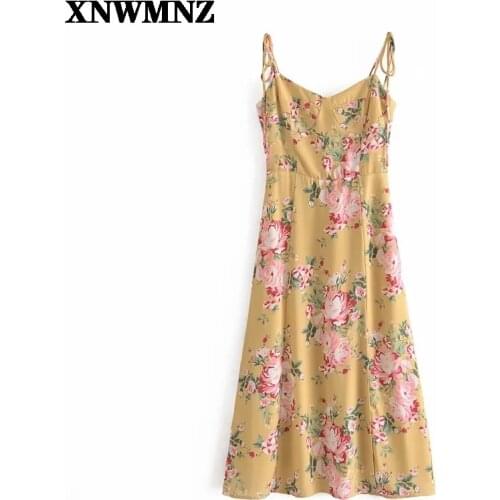 XNWMNZ women Sexy Floral Print Yellow Chiffon Vestidos Retro Adjust Spaghetti Straps Dresses Vintage Split Midi Women Dress robe