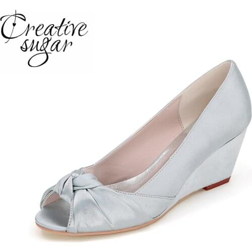 Creativesugar Elegant ladies open toe wedges satin evening dress beach wedding shoes with knot on the toe bridal heels silver