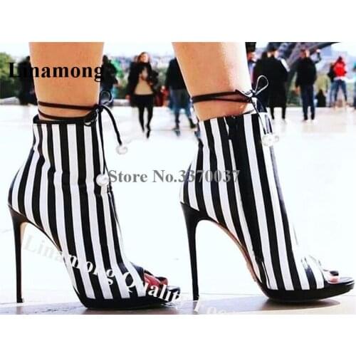 Linamong Elegant Peep Toe Black-white Stripes Stiletto Heel Short Gladiator Boots Ankle Straps Pearls High Heel Ankle Boots