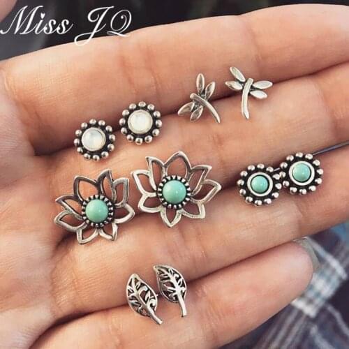 Miss JQ New Summer Natural Stone Trend Style Jewelry Dragonfly Leaves Flower Stud Earrings Sets For Women Party aretes de mujer