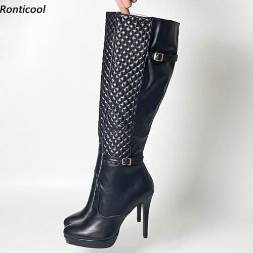 Ronticool Handmade Women Winter Platform Knee Boots Buckle Strap Sexy Stiletto Heels Round Toe Black Club Shoes US Size 5-20