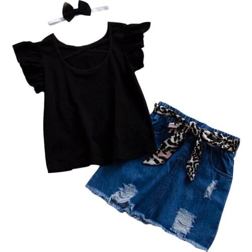New Girl’s Ruffles Sleeve and Skirt Set Fashion Solid Color Round Neck T-shirt and Leopard Bandage Denim Short Skirt