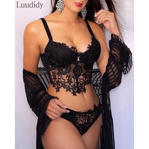 2020 Women Spaghetti Strap Patchwork Sexy Chic Crochet Lace Bra Top & Panties Set Low Cut Sexy Sleeveless