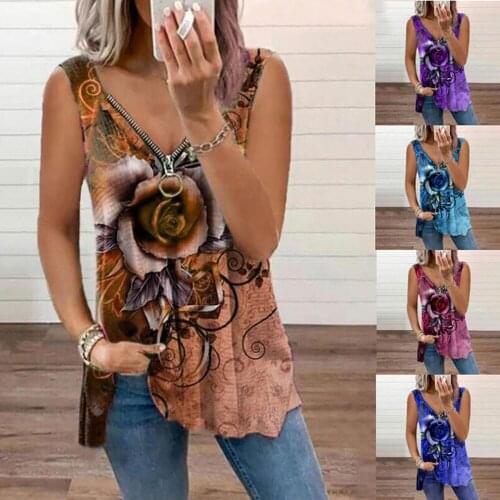 Ladies Vest Plus Size V-neck Zipper Rose Print Sleeveless Tops Women Casual Loose Tank Top Femme Sexy Vest Top 2021 Summer