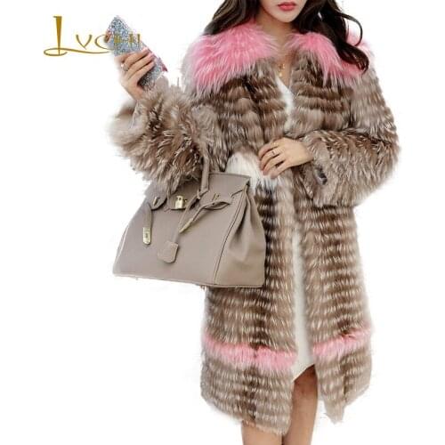 LVCHI 2019 Winter Real Fur Coats Natural Fox Fur Coat CTurn-Down Collar Womens Patchwork Pink Collar Short Waving Fox Fur Coats