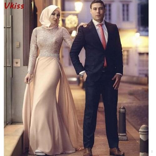 Elegant Mermaid Muslim Evening Dresses 2020 Dubai Saudi Arabic Long Sleeves Robe De Soiree Prom Gowns Women Formal Party Dress