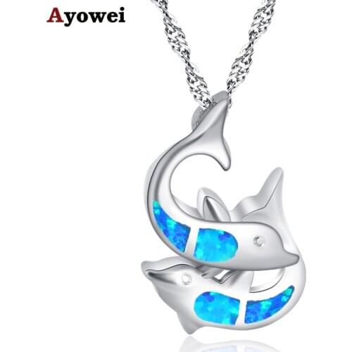 Ayowei Specially designed two fish-shaped silver plated blue opal necklace pendant Valentines Day gift OP832A