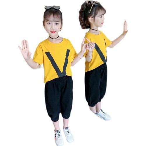 Kids Girls Two-piece Suit Novel Letter Printing T-Shirt Pants Summer Children Clothes Sets Teens Candy Colors Sports Outfits