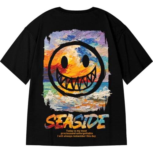 Hip Hop Smile SEASIDE Print T-shirt Cotton Half Sleeve Oversized t shirts Casual Summer Man Tees Drop Shipping Homme Clothing