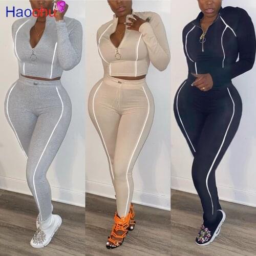 HAOOHU Sportwear reflective stripe Womens Set Two Piece Set Crop Tops Jogger Pants Suit Tracksuit Matching Set Casual Outfit