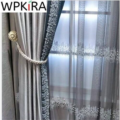 High-end Sequins Pearls Embroidered Tulle Curtain For Living Room Nordic Grey Sheer Voile Window Screen Luxurious European M232H