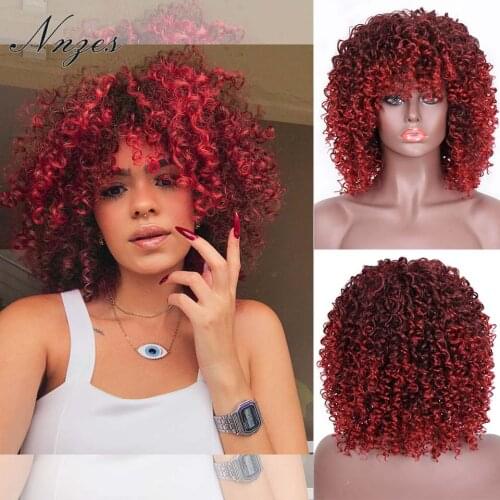NNZES 14inches Afro kinky Curly Wig Mixed Black and Red Wig With Bangs Short Synthetic Wigs for Black Women