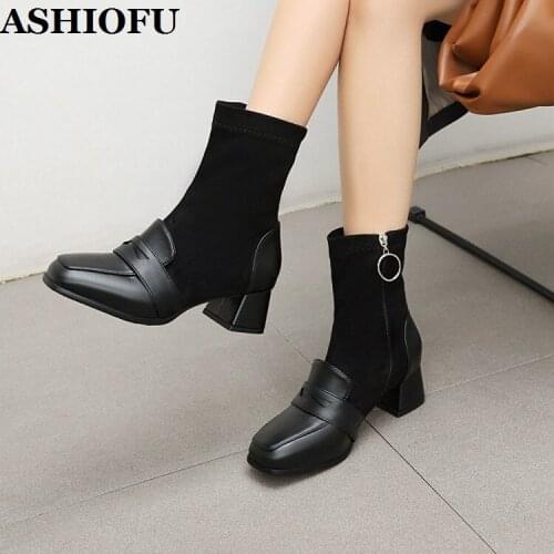 ASHIOFU New Arrival Block Heel Boots Patchwork Square-toe Party Prom Dress Ankle Booties Real-pics Evening Fashion Winter Boots