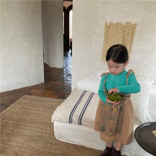 Autumn 2021 Korean Girls Embroidered Skirts Baby Girls Stitching Suspender Skirt Childrens Flower Print Skirt Baby Girl Clothes