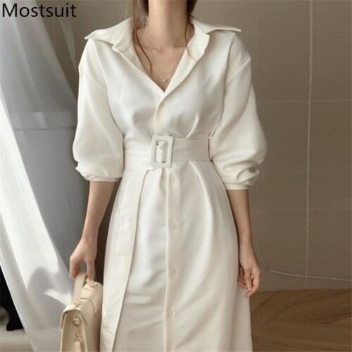 2020 Autumn Korean Single-breasted Long Shirt Dress Women Full Sleeve Turn-down Collar Belted Dresses Fashion Elegant Vestidos