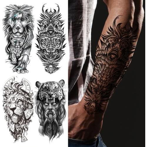 Arm sleeve temporary tattoos men skull animal lion king tiger fox tattoo designs fake black fake henna tatoo sticker waterproof