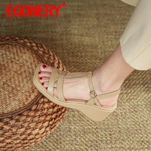 EGONERY Women Genuine Leather Leisure Sandals summer New Style Solid color Concise Comfortable Square Toe officelady soft