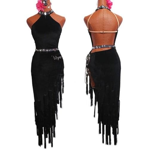 Sexy Strapless Latin Dance Dress Black Velvet Dress Flamengo 2020 Tango Dress ChaCha Rumba Competition Fringe Dance Dress BL2543