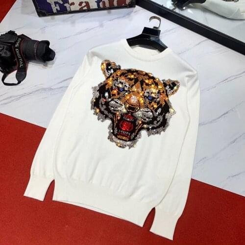 Top Soft Cashmere Rhinestone Brand Mens Sweater Loose Tiger Oversized Pullover High Quality Long Sleeves
