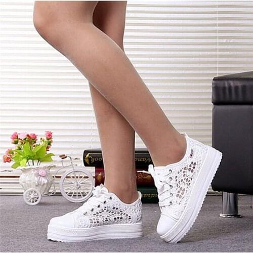 Dropshipping Summer Women Shoes Casual Cutouts Lace Canvas Shoes Hollow Floral Breathable Platform Flat Shoe White Black Flats