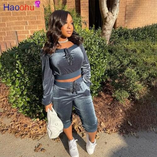HAOOHU Spring Active Velvet 2pcs Women Tracksuits Slash Neck Bandage Autumn Crop Top High Waist Sweatpants 2021 Sweatsuits