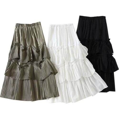 2019 Spring New Korean Solid Color High Waist Temperament Pleated Cake Skirt Ladies Elastic Waist A Word Skirt Women