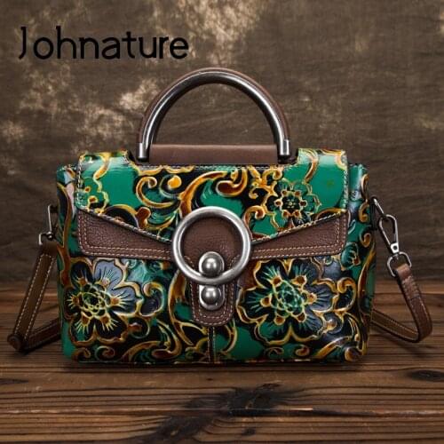 Johnature Retro Genuine Leather Small Women Bag Luxury Handbags 2021 New Handmade Embossing Leisure Shoulder & Crossbody Bags