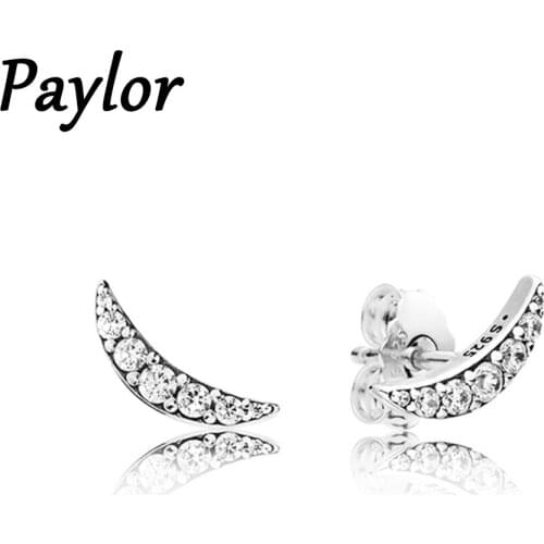 Paylor Cute Silver Color Moon Stud Earrings Shine Clear CZ Zircon Crescent Earrings For Women Fashion Party Jewelry