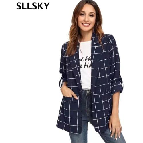Sllsky Plaid Women Blazer Long Sleeve Single-breasted Straight Barrel Coat With Pockets 2021 Spring And Autumn Office Lady Coat