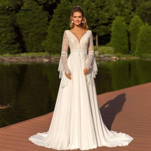 Robe Longue Princess Bridal Boho Wedding Gowns 2021 Vestido Vintage Lace Sexy Women Backless Wedding Dresses Puffy Long Sleeves