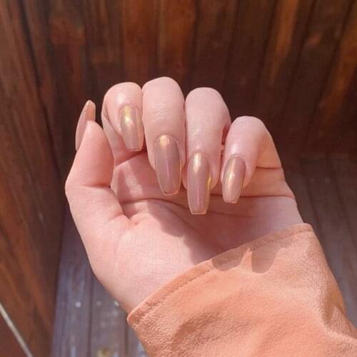 24pcs Splendid Aurora Wearable Long Square Head Mermaid kyi Pink Mirror Magic Color Detachable Fake Nails Beauty Tools T