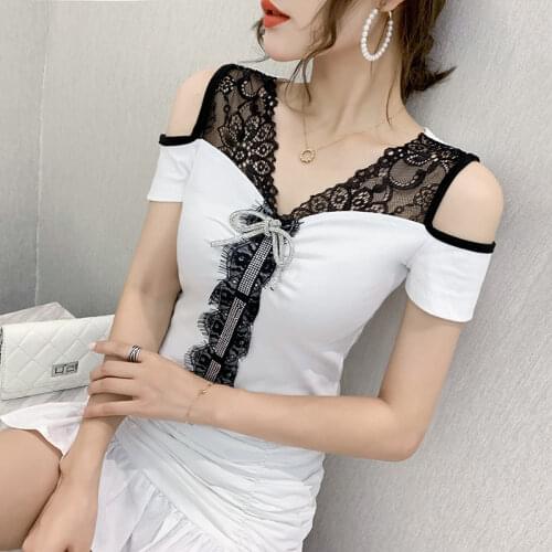 #5965 Red Black White Off Shoulder T Shirt Women V Neck Sexy Tight T Shirt Spliced Lace Short T-shirt Short Sleeve Summer Top