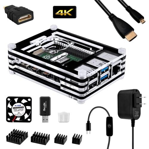 For Raspberry Pi 4 9 Layer Acrylic Case Raspberry Pi 4 Case with Fan,4 Heatsinks,5V 3A Power Supply with On/Off Switch