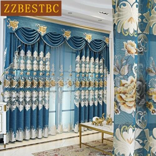 American Luxury Decoration Blue Embroidered Bedroom Custom Curtains High Quality Exquisite And Elegant Living Room Villa Curtain