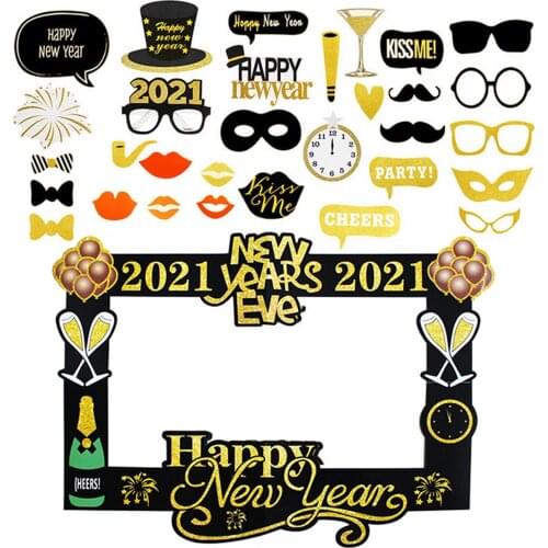 Behogar 31PCS 2021 Happy New Year Paper Photo Booth Props + 1PCS Paper Selfie Frame for Kids Party Favors Festival Supplies
