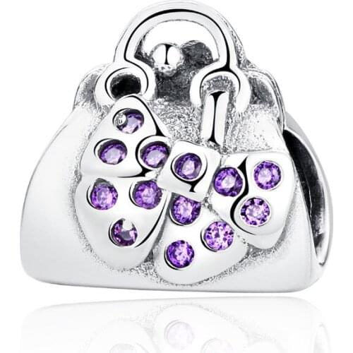 New 100% 925 Sterling Silver Bead Charm Pave CZ Bowknot Handbag Beads Charms Fit Bracelets Necklace DIY Women Jewelry