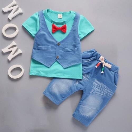 Set summer clothing children bow tie boy clothes set kids gentleman suit baby short sleeve vest shirt + cowboy pants