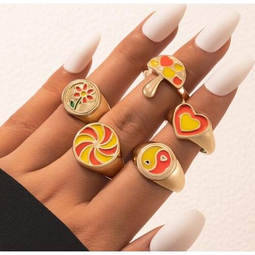 Tocona 5pcs/sets Colorful Mushroom Heart Gold Ring Sets for Women Pretty Flowets Tai Chi Alloy Party Jewelry Anillo 19895