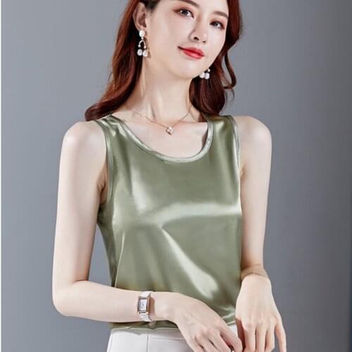 Summer womens tank top casual sleeveless round neck satin silk tank top womens fashion office ladies basic white work tops