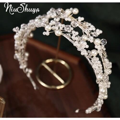 NiuShuya Trendy White Pearl Wedding Headband Tiara Handmade Hairband Bridal Headpiece Wedding Hair Accessories for Womens