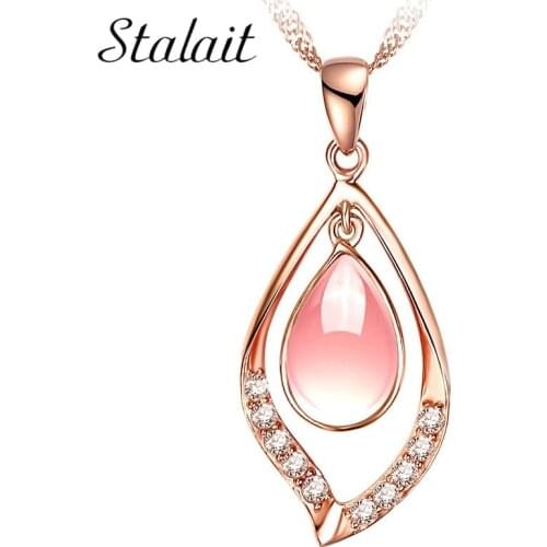 Natural Gem Stone Water Drop Necklace Pendants Pink Opal Rhinestone Powder Crystal Hibiscus Stone Leave Pendant Jewelry