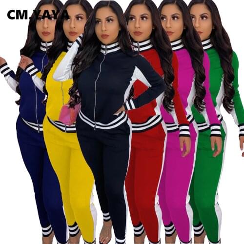 CM.YAYA Autumn Patchwork Womens Set Zipper Sweatshirt Top Jogger Pants Set Ribbed Tracksuit Two Piece Outfit Active Sweatsuit