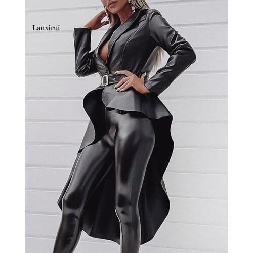 Lanxirui Autumn Asymmetrical Leather Outwears Black Free Sexy Club Fashion Full Sleeve High Waist Slim Women X-Long Outwears