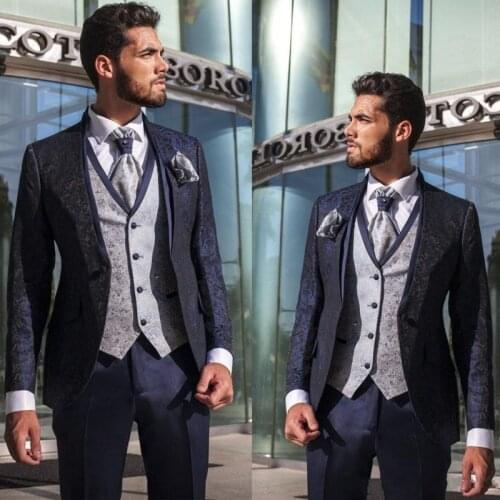 Navy Blue Paisley Groom Tuxedos Stand Collar Men Prom Business Suit 3 pieces Party Clothes (Jacket+Pants+Vest+Tie) NO:270