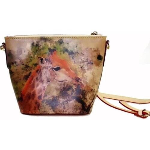 Vegetable Tanned Leather Giraffe Painting 100% Cowhide Cross body Messenger Bag, Women Genuine Leather Shoulder Bags, A419