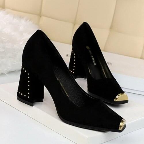 Women dress shoes Designer Hot Selling Fashion Women High Heels Shoes Sexy Single Shoes Square Head Metal Decoration U18-96